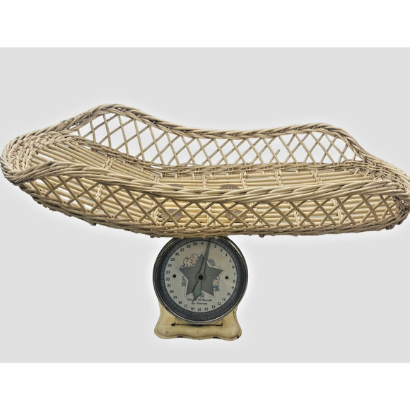 Antique WICKER Infant Baby Scale Metal With Original BASKET Shabby Chic Nursery - Picture 1 of 16